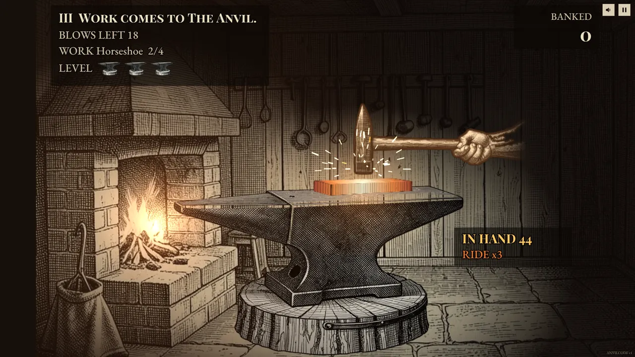 The hammer striking hot iron on the anvil, sparks flying