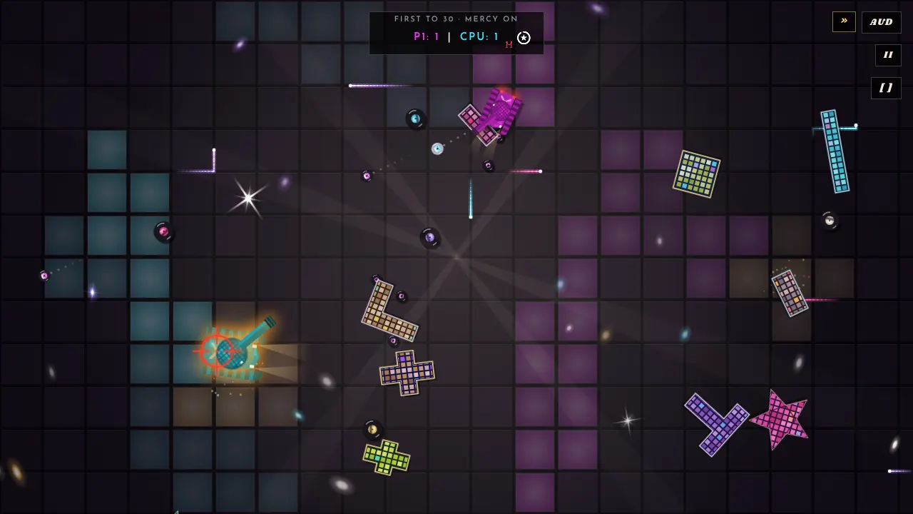 Pink and cyan tanks trading fire