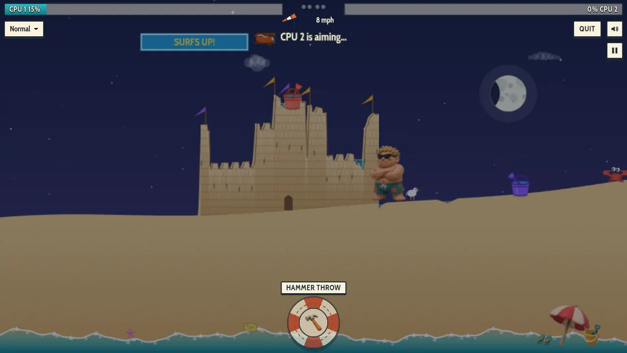 A CPU match at night, the sandcastle between the two sides