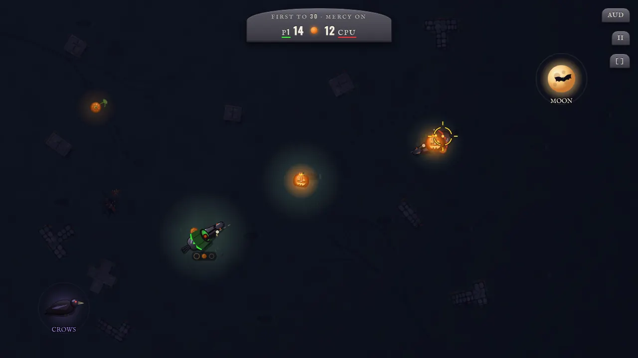 A duel in the fog, lit jack-o'-lanterns in the grass