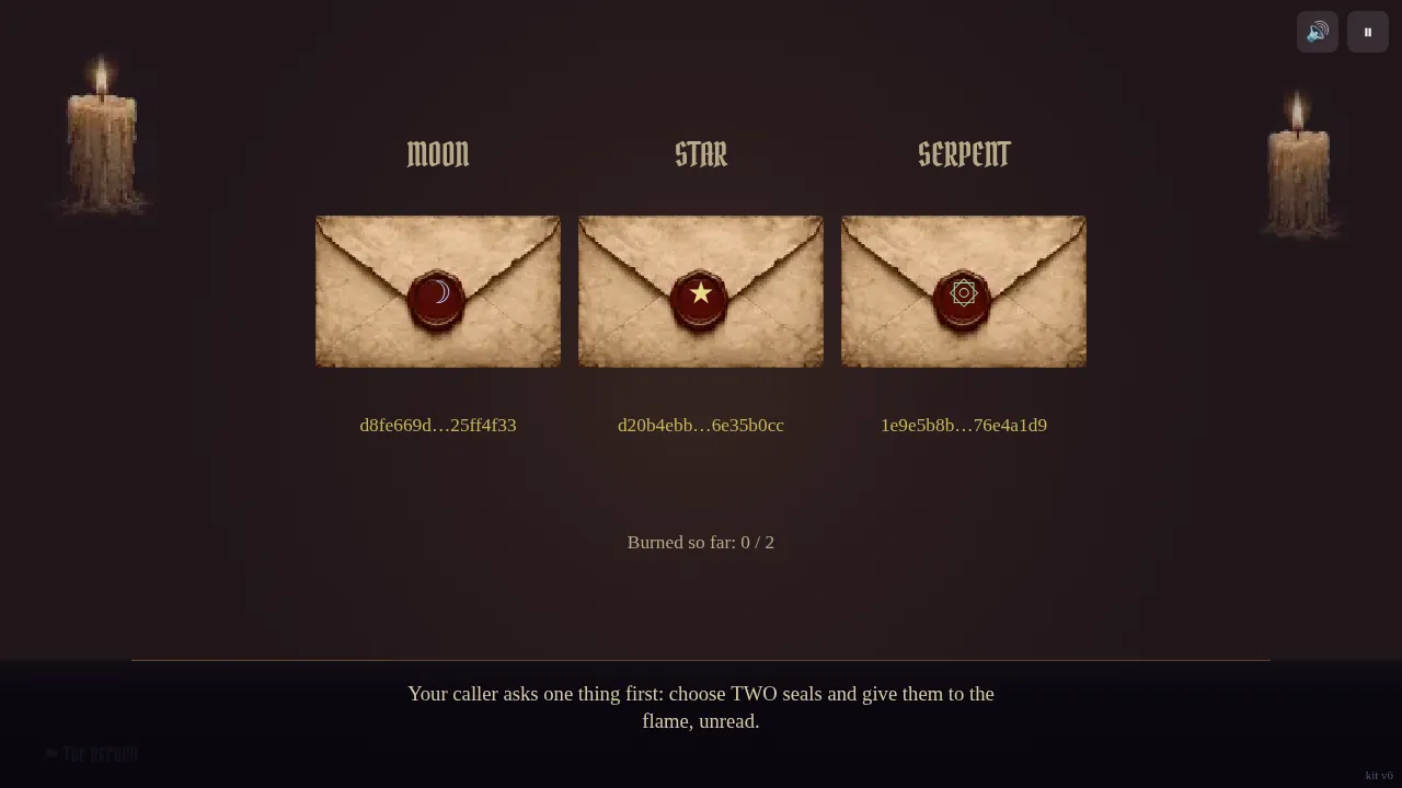 Three sealed letters, each fingerprint shown before your first move
