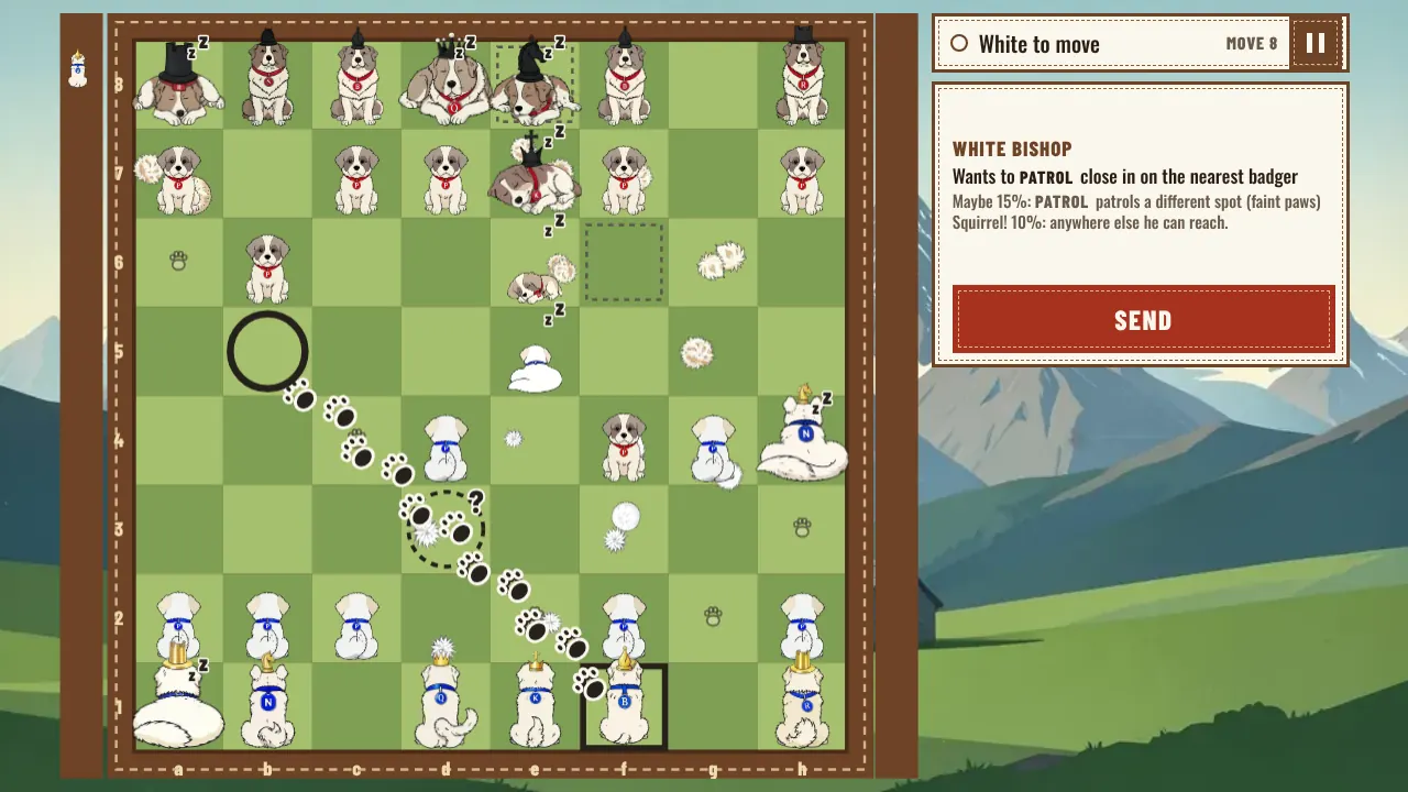 A white bishop selected, its paw-print path on the board and its odds in the side panel