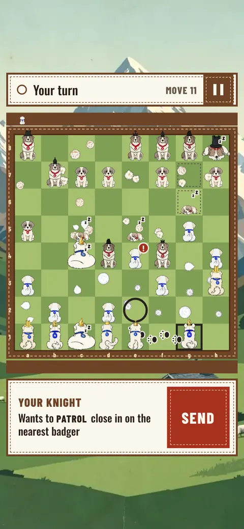 Phone layout, a knight selected with its plan under the board