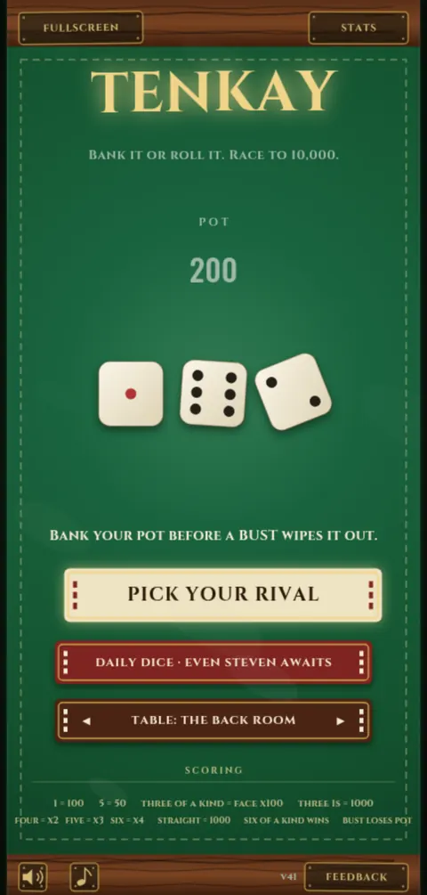 The title, a pot of 200 and three dice