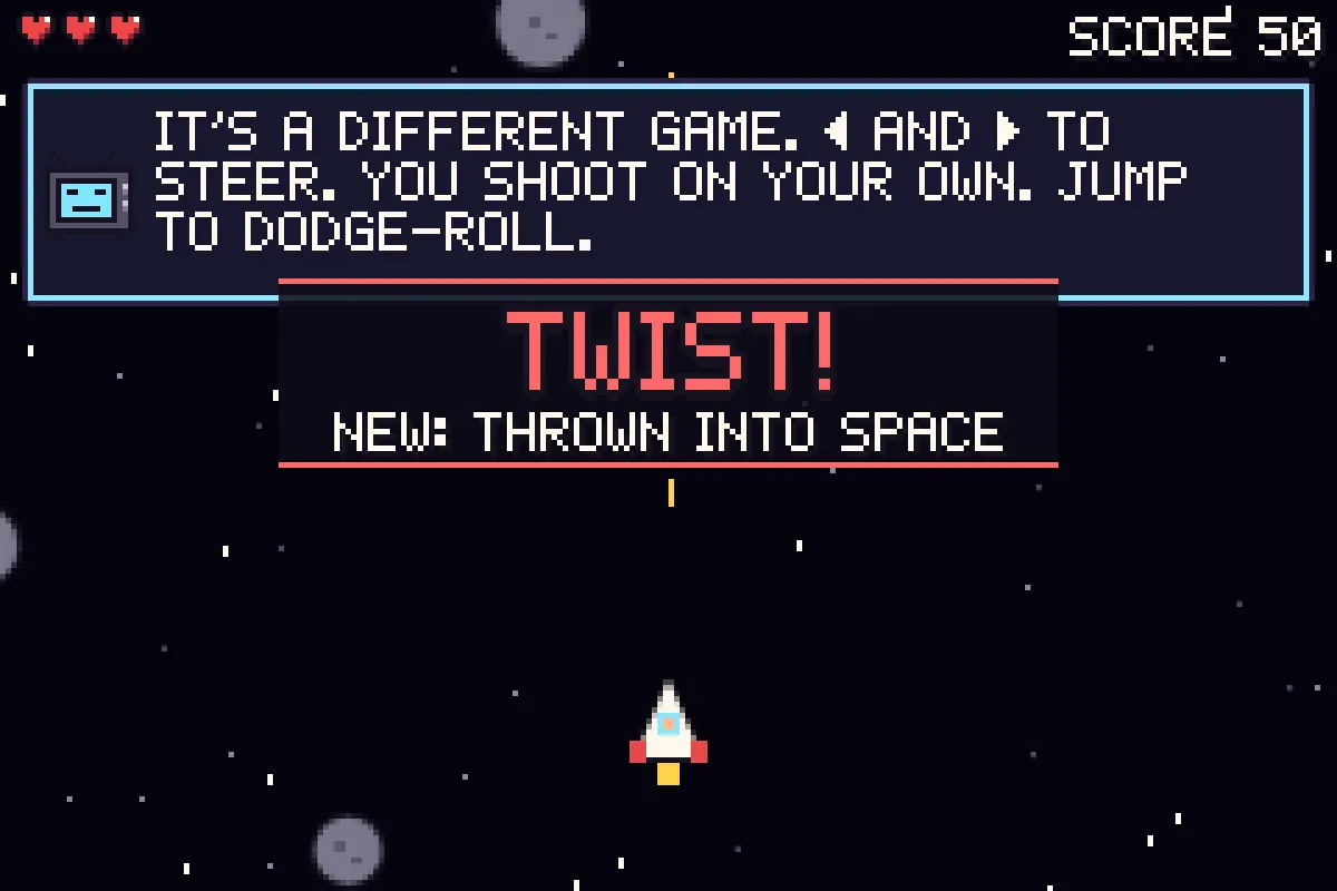 Thrown into space, the game turns into a shooter