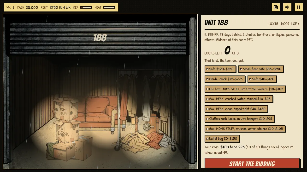 Looking into a storage unit by flashlight, with the list of items spotted and their value ranges