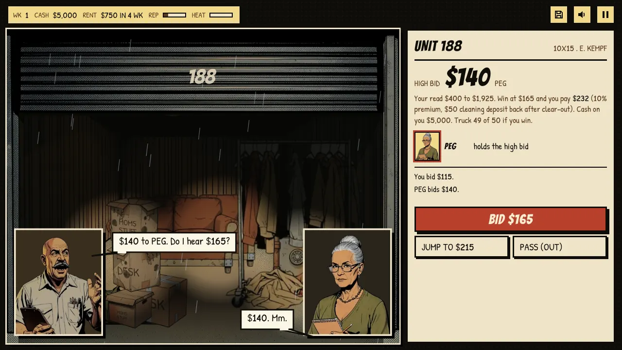 Live bidding against Peg, high bid $140