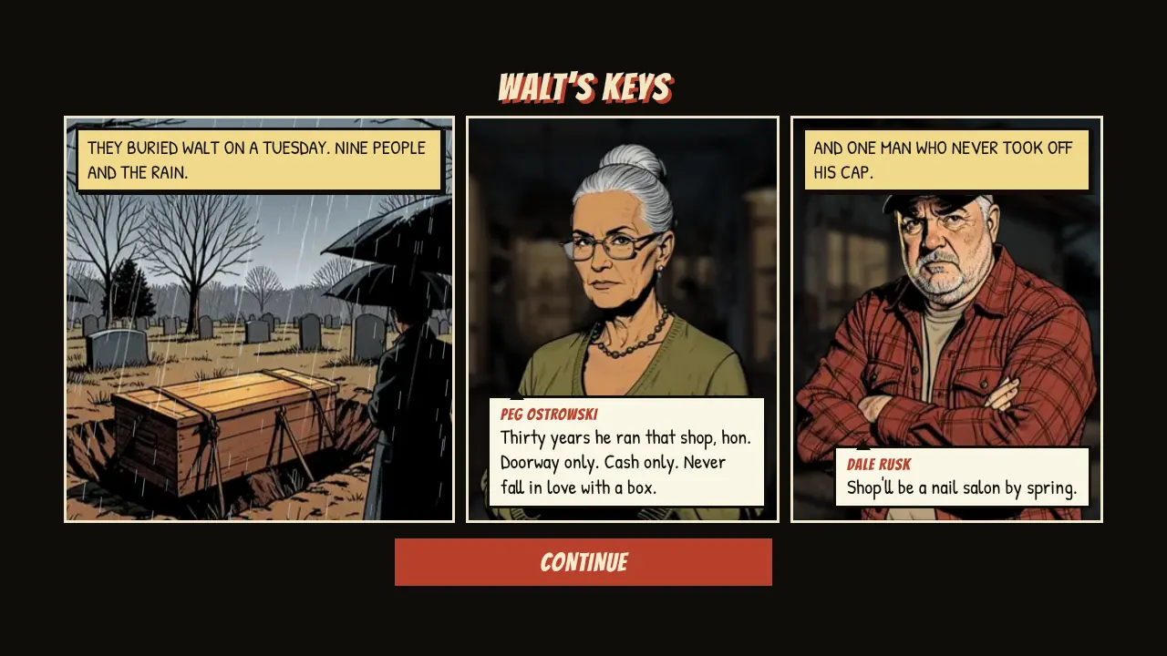A comic-panel story scene at a funeral in the rain