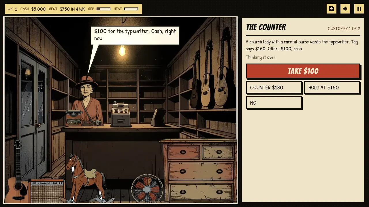 The shop counter, a customer offering $100 for a typewriter
